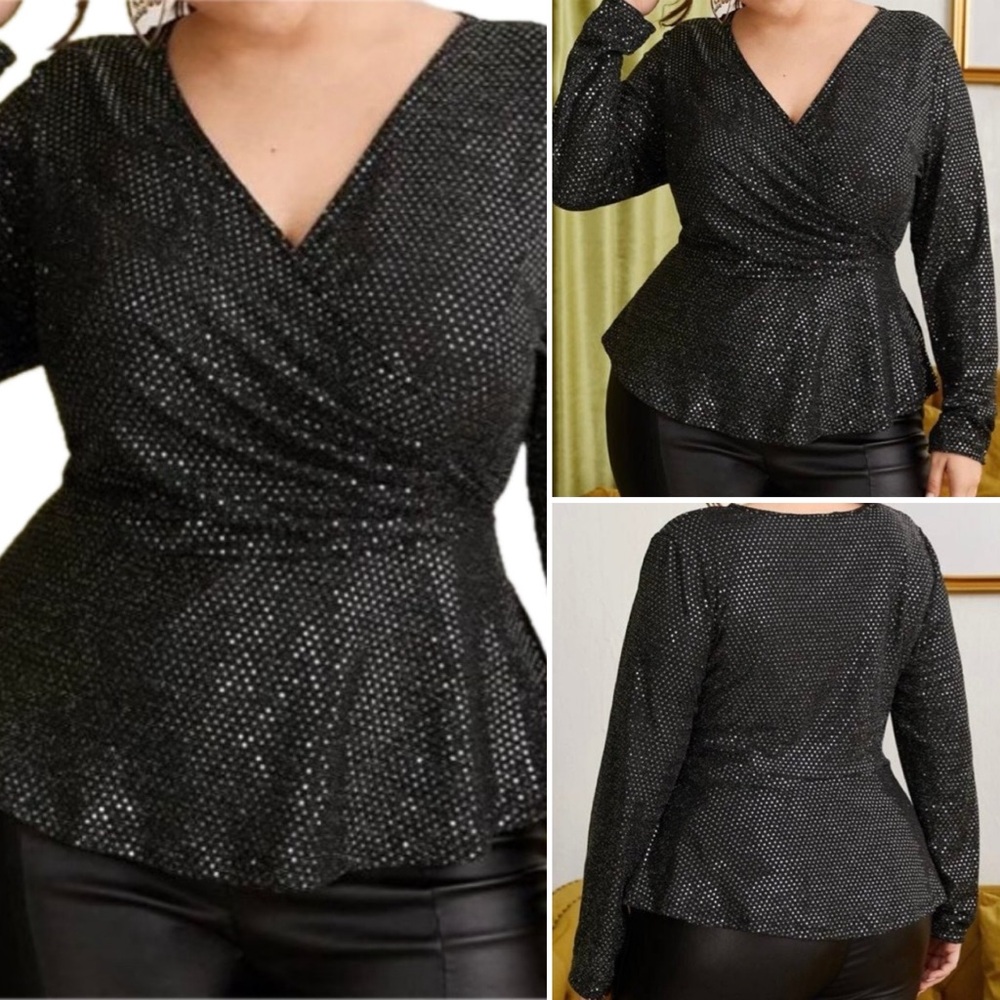 SHEIN Women's Black Glittery Peplum Top